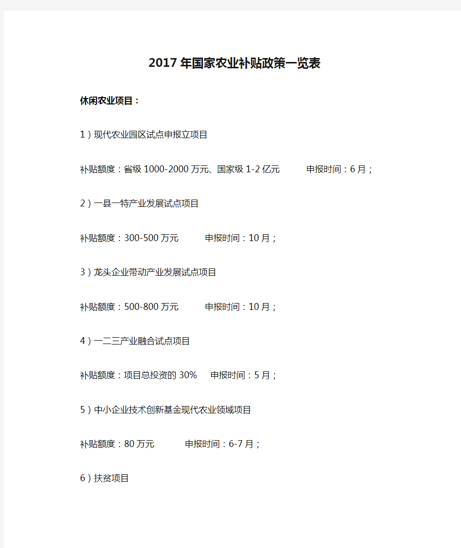 2017年国家农业补贴政策一览表