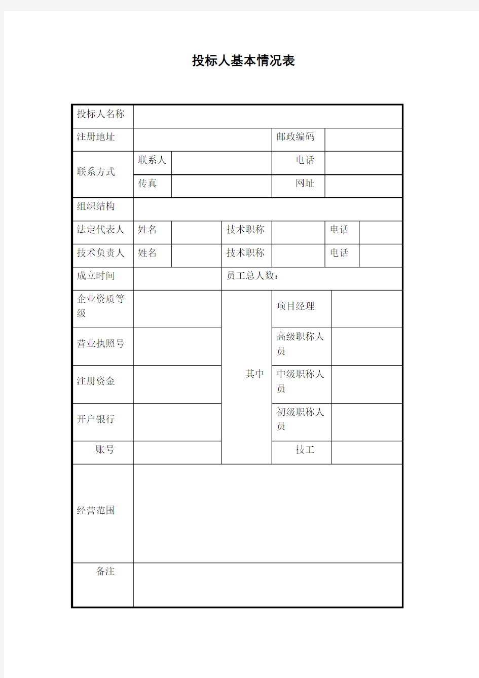 投标人基本情况表模板