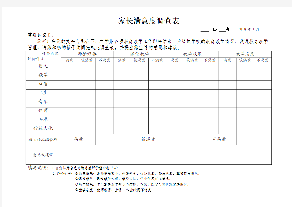 家长满意度调查表