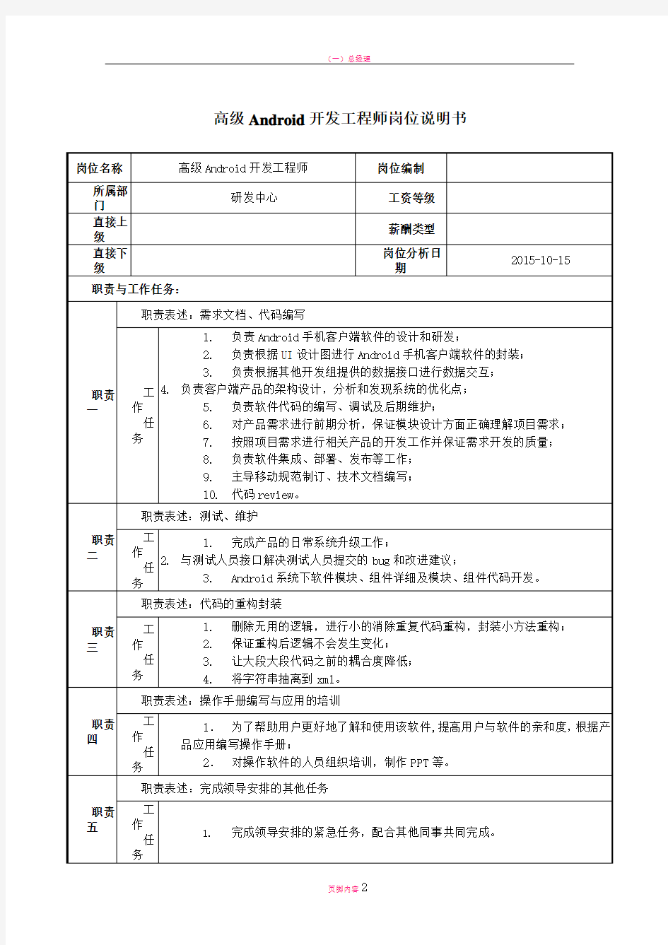 岗位说明书(Android高级开发工程师)