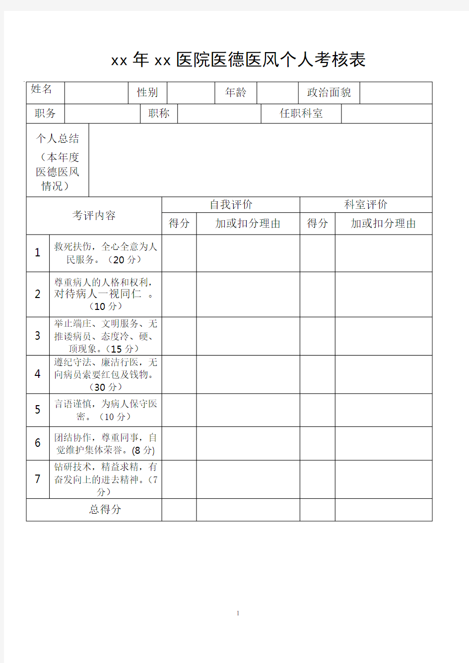 医院医德医风个人考核表