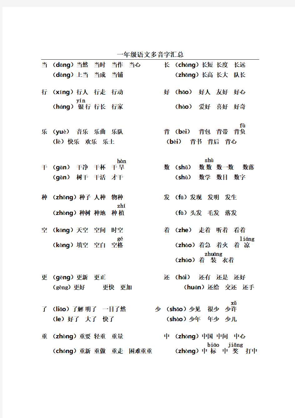 一年级语文多音字汇总