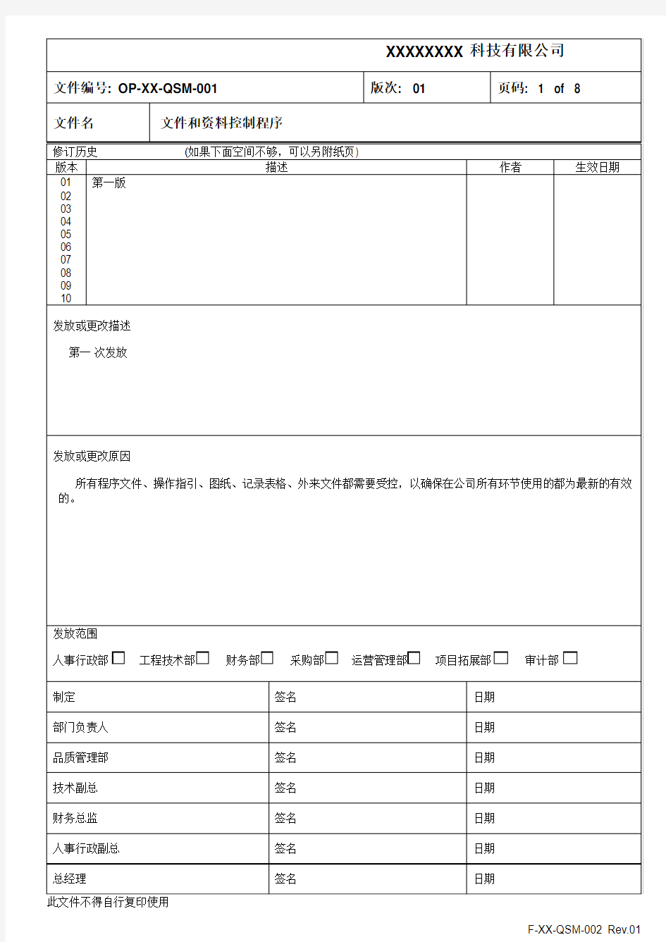 OP-XX-QSM-001 Rev.01 文件和资料控制程序