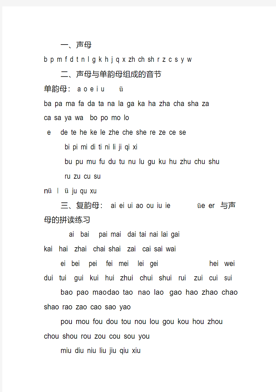 汉语拼音——声母韵母组成的音节(全部)
