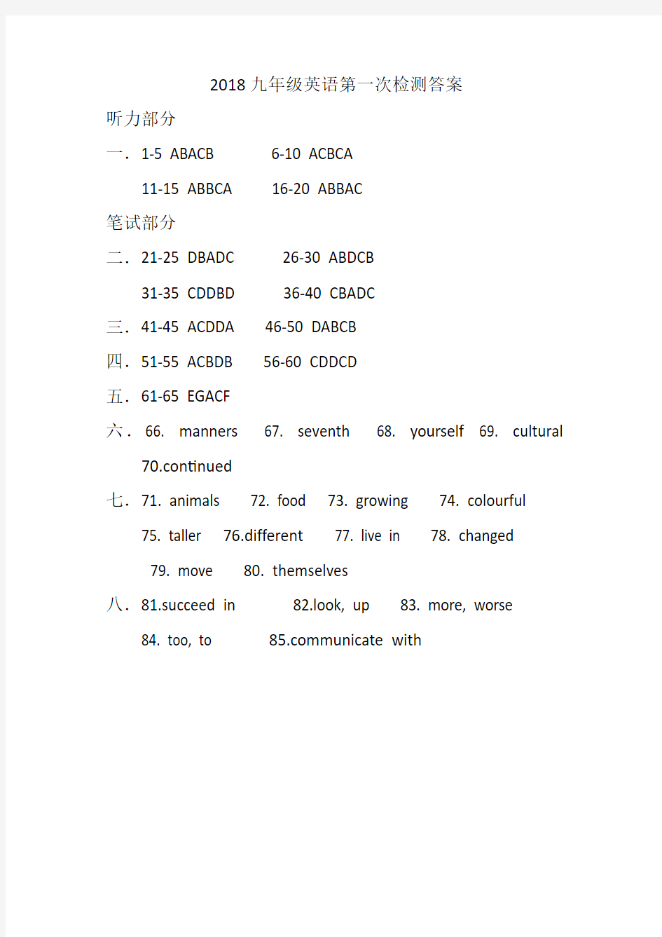 2018九年级英语第一次检测答案
