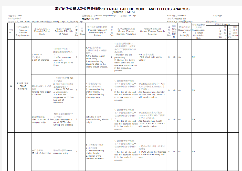 PFMEA 机械加工 潜在失效模式及分析标准 中英