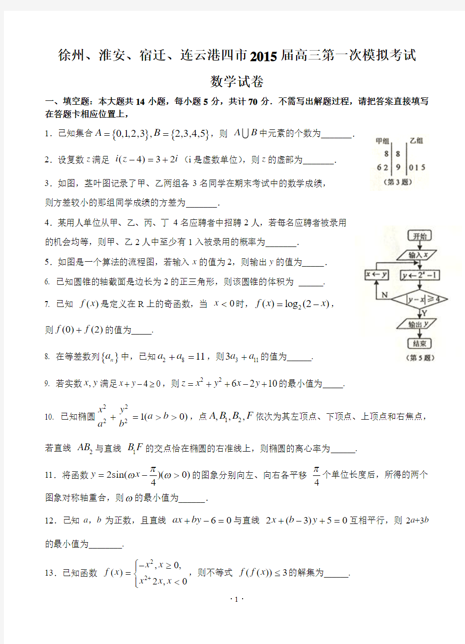 江苏省连云港、徐州、淮安、宿迁四市2015届高三第一次调研考试(一模)数学Word版