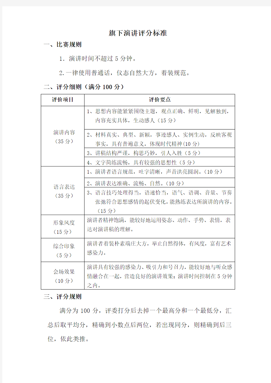 演讲比赛评分表评分标准和评分细则