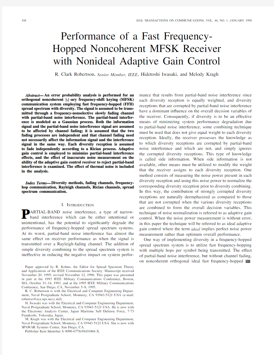 Performance of a fast frequency-hopped noncoherent MFSK receiver with nonideal adaptive gain control