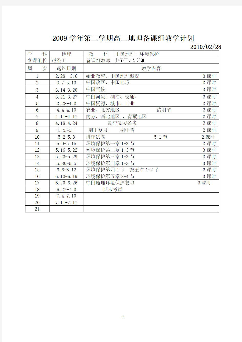 高二地理备课组学期教学工作计划