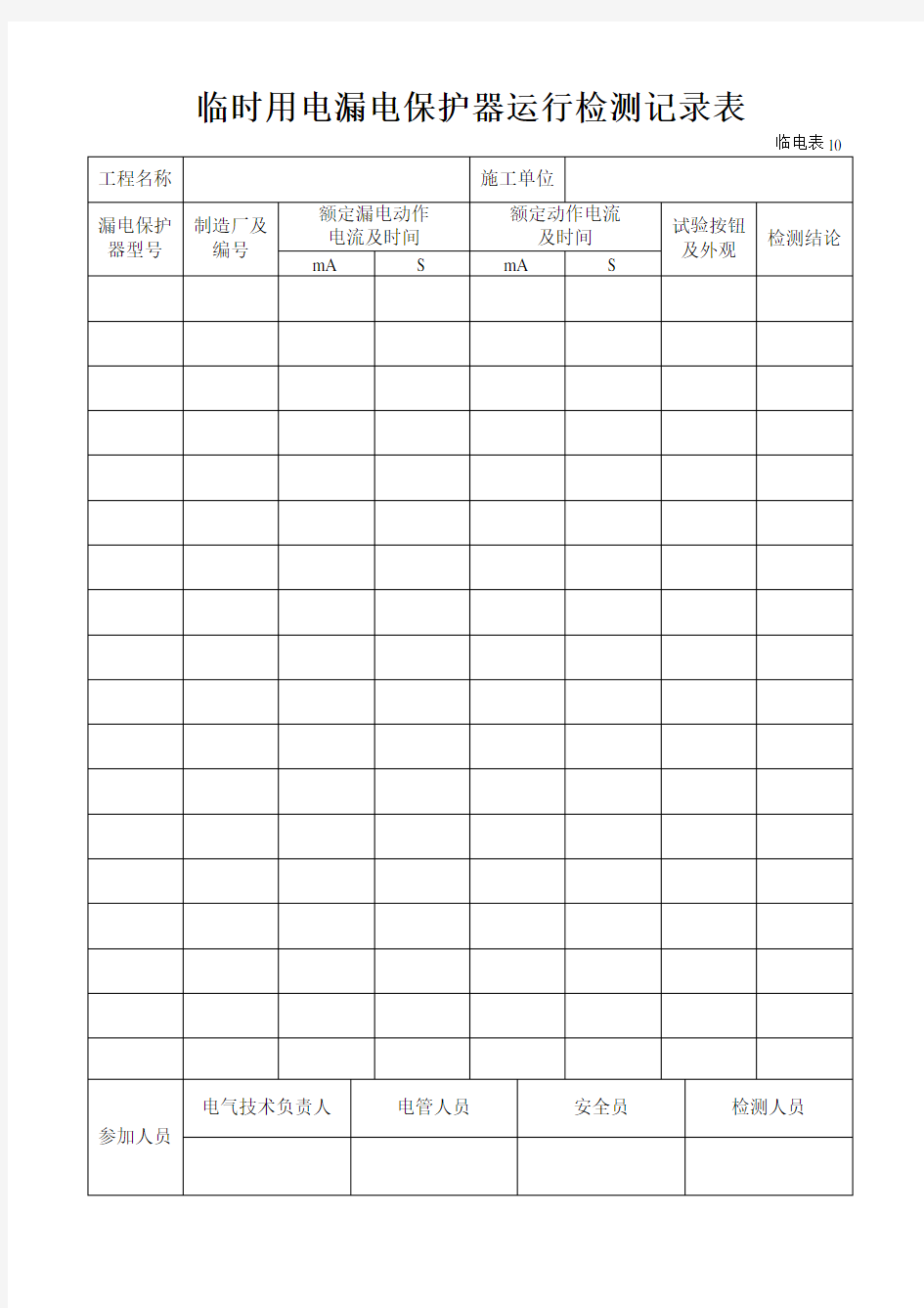 临时用电漏电保护器运行检测记录样表及填写范例