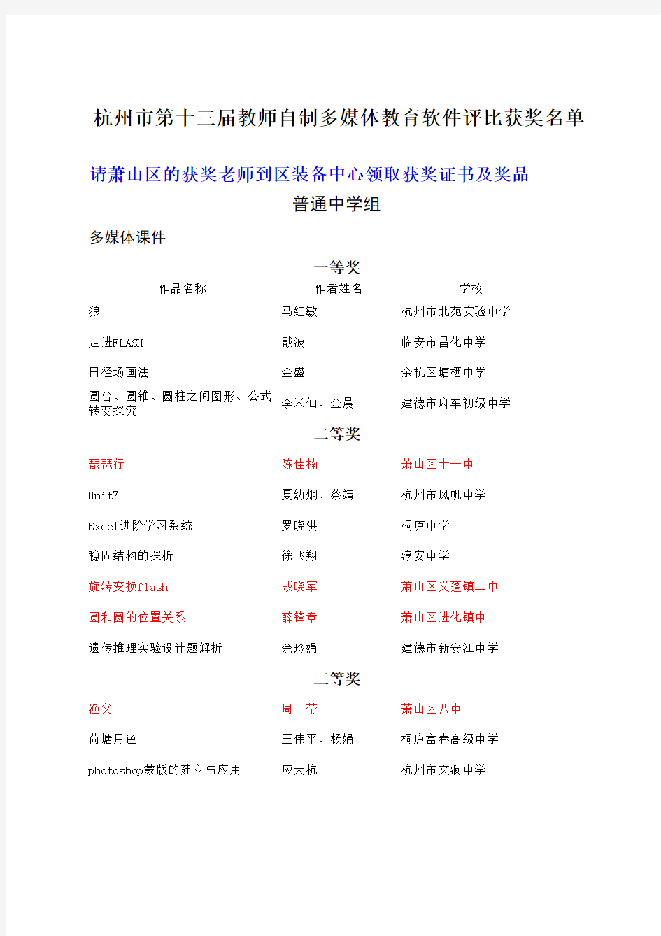 杭州市第十三届中小学教师自制多媒体教育软件评比活动