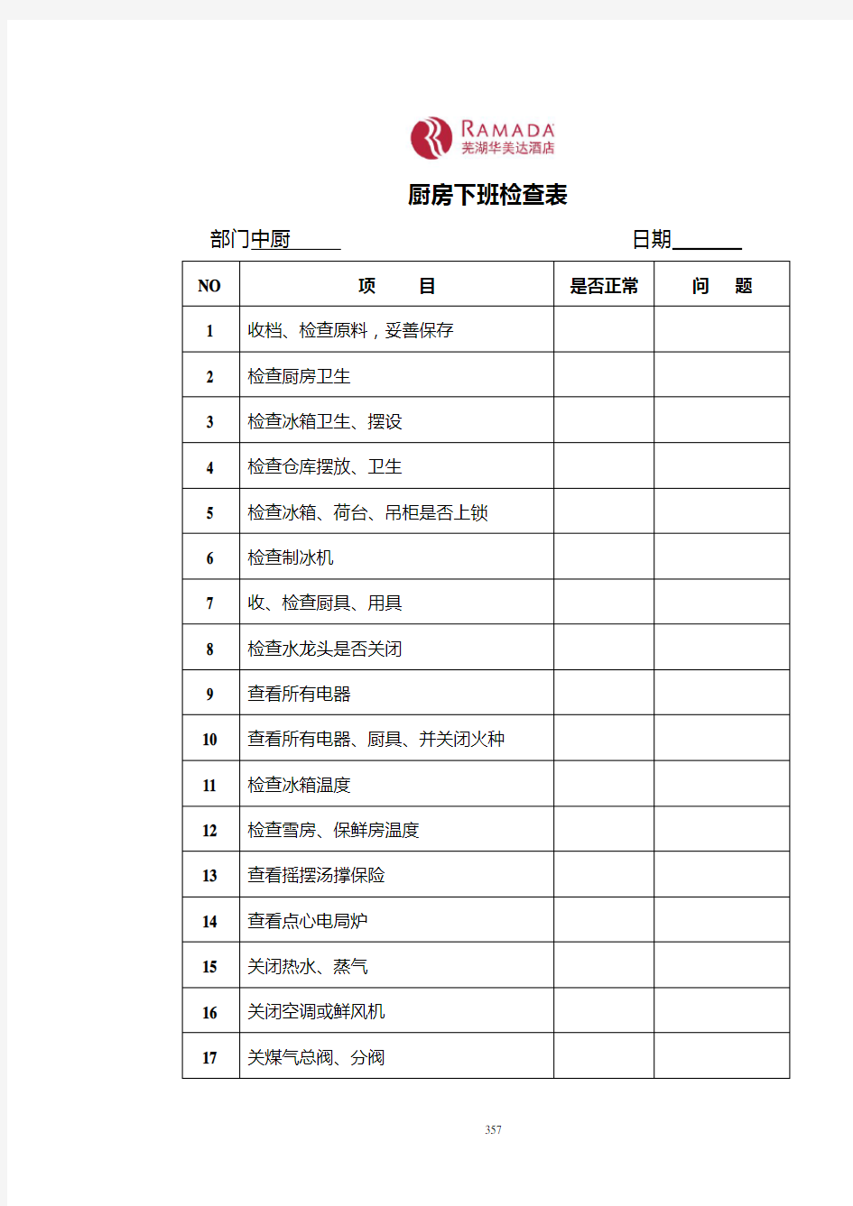 厨房下班检查表