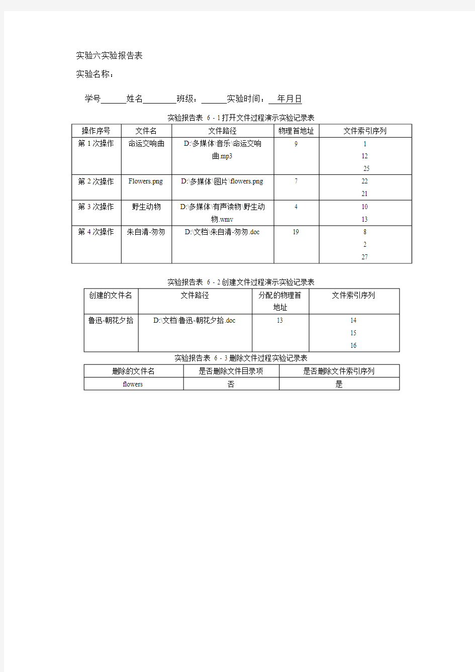 实验六 实验报告表