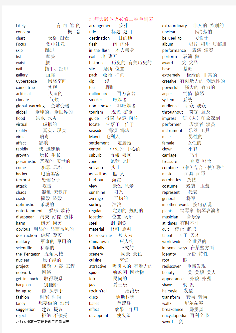 北师大版高一英语必修二纯单词表