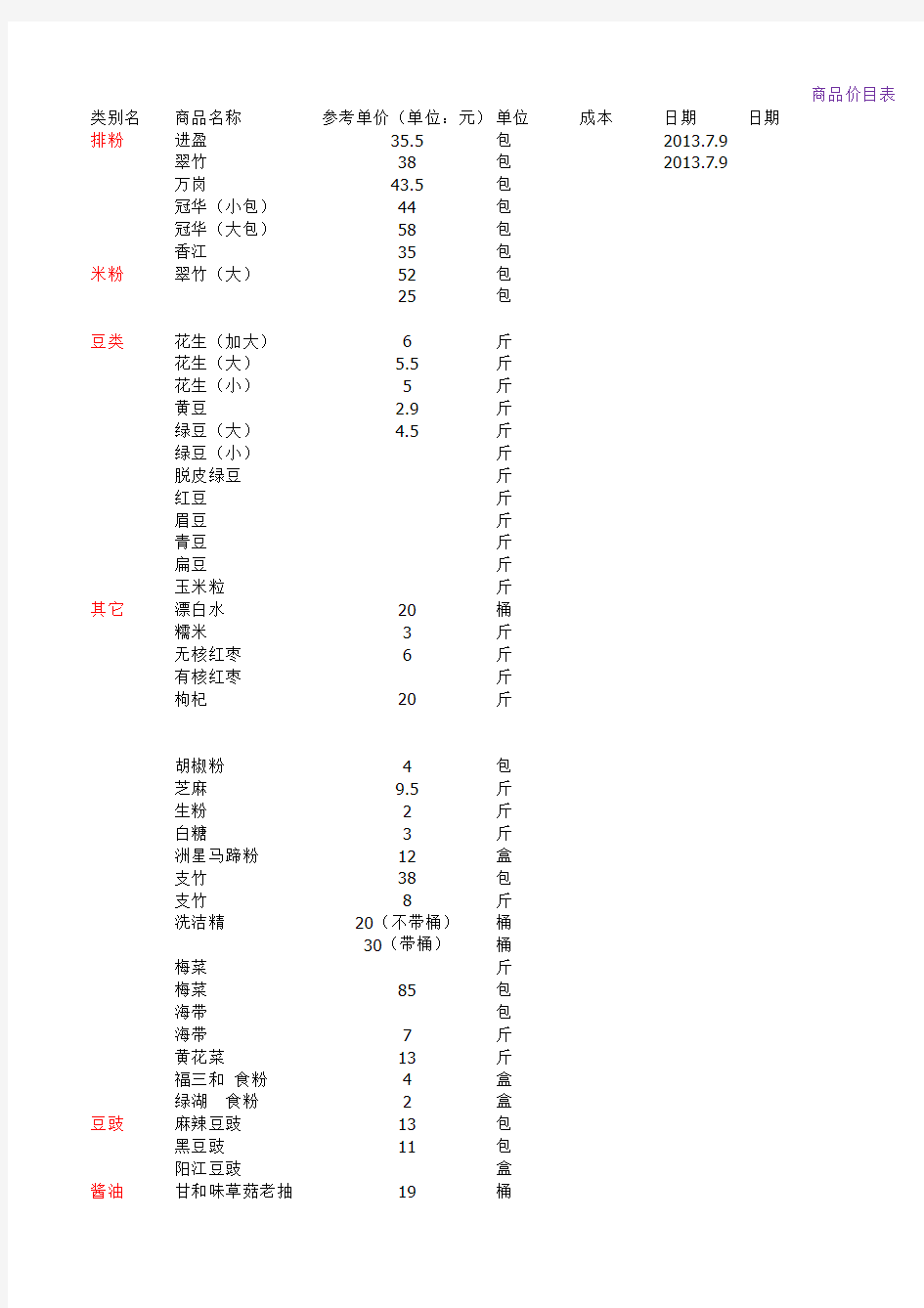 商品价目表