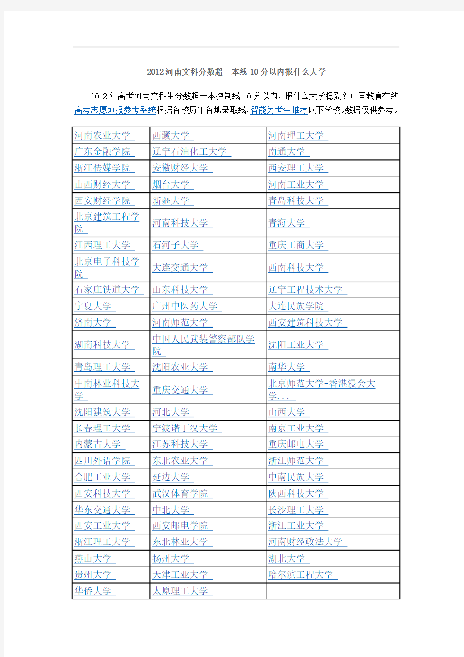 2012河南文科分数超一本线10分以内报什么大学