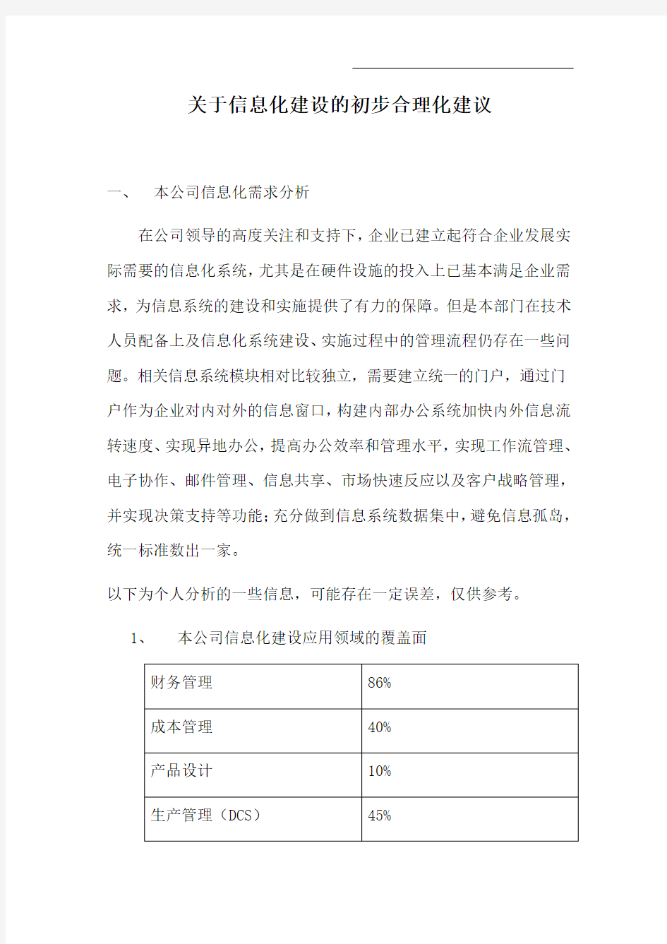 关于信息化建设的初步合理化建议