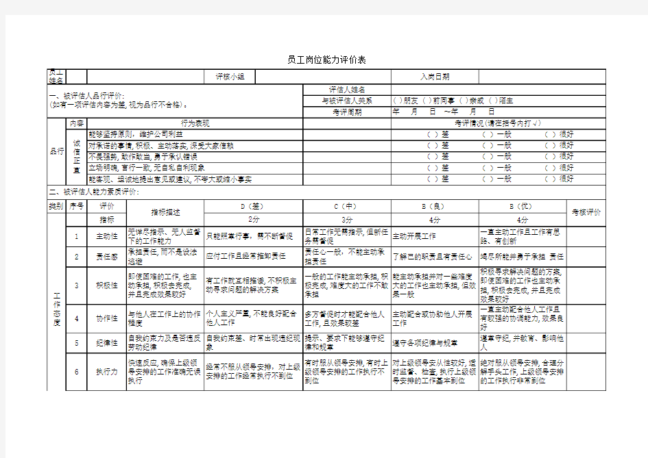 员工岗位能力评价表