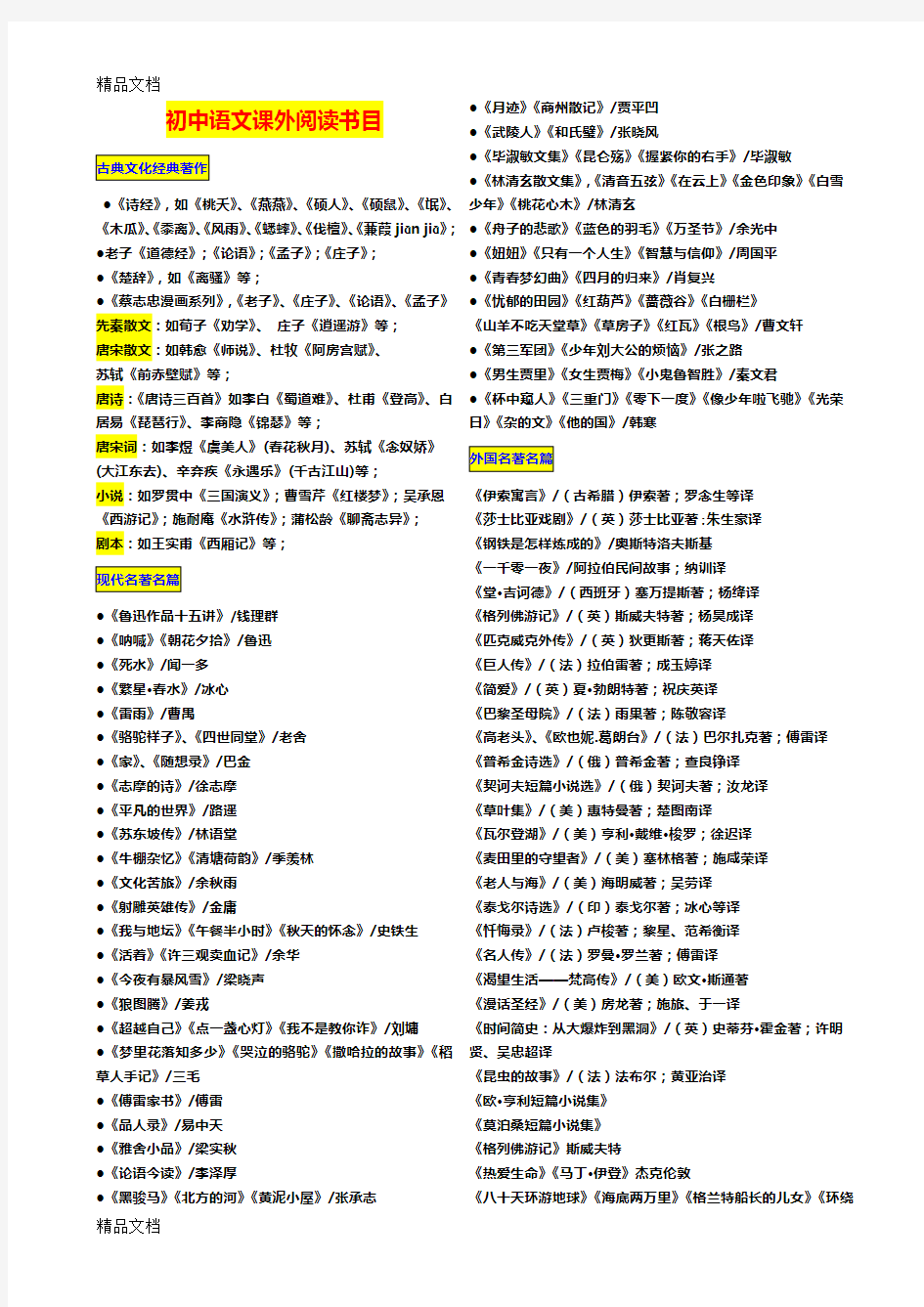 初中语文课外阅读书目培训资料