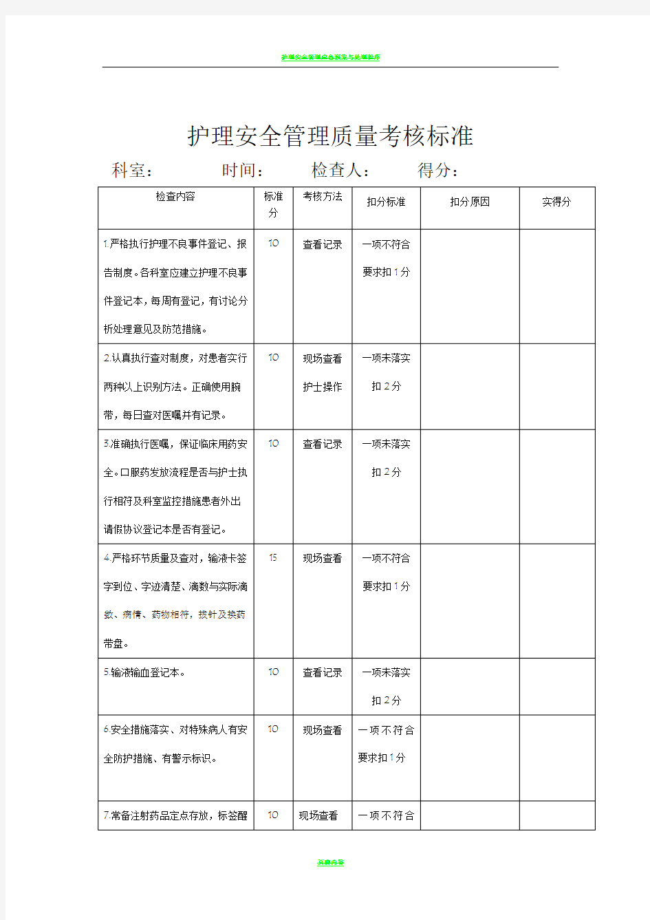 护理安全管理质量考核标准