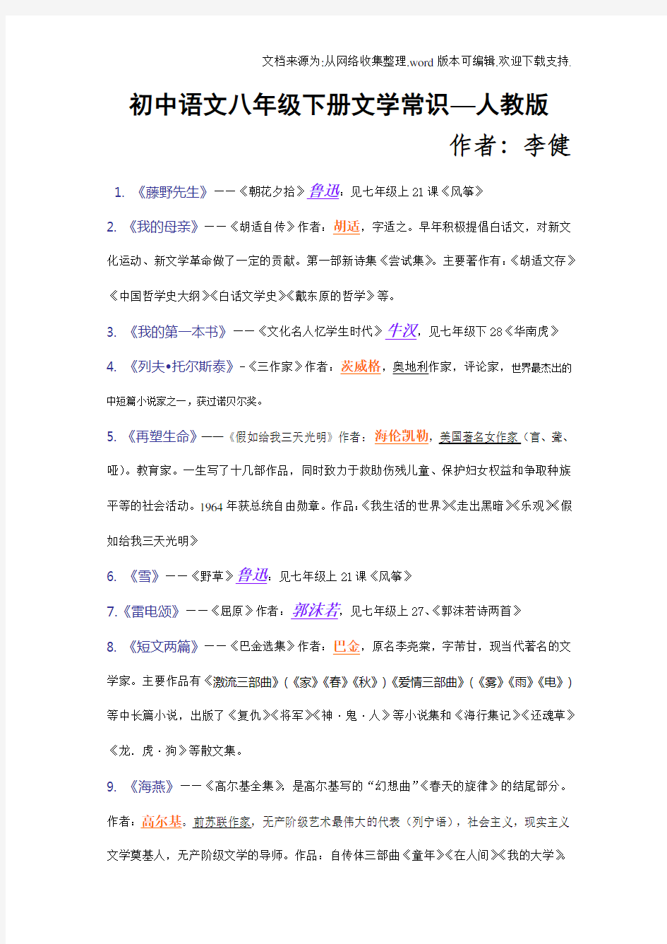 初中语文八年级下册文学常识—人教版