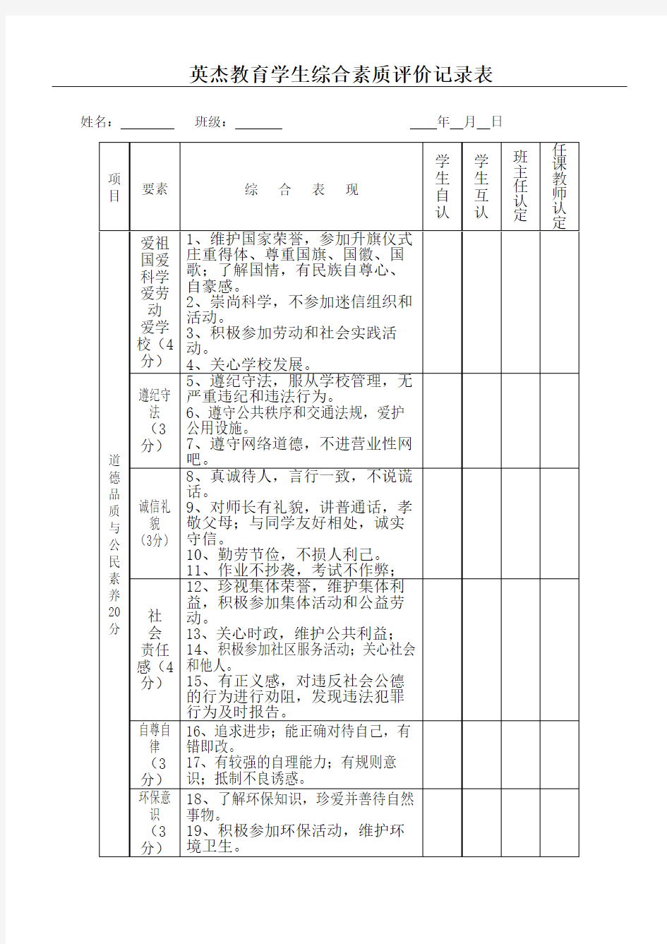 学生综合素质评价记录表