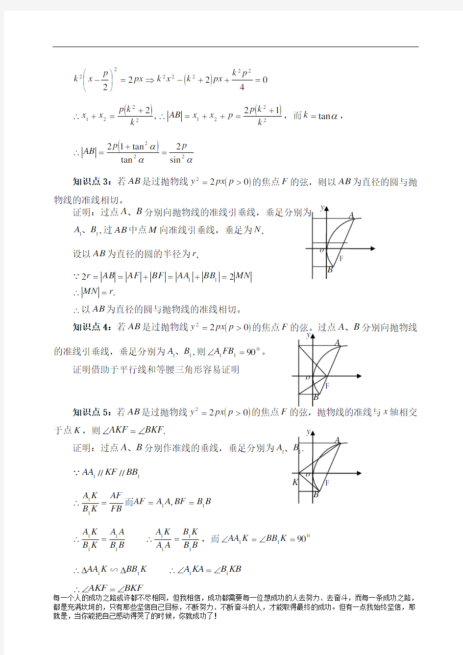 高中数学抛物线焦点弦的有关结论