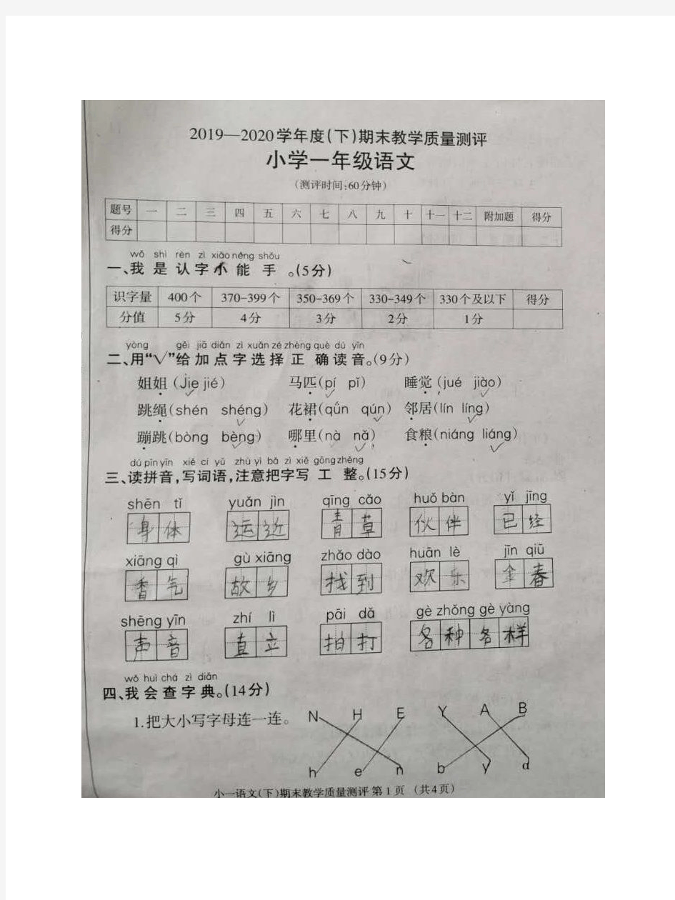 2019-2020学年(下)四川省成都市金牛区一年级语文期末试卷