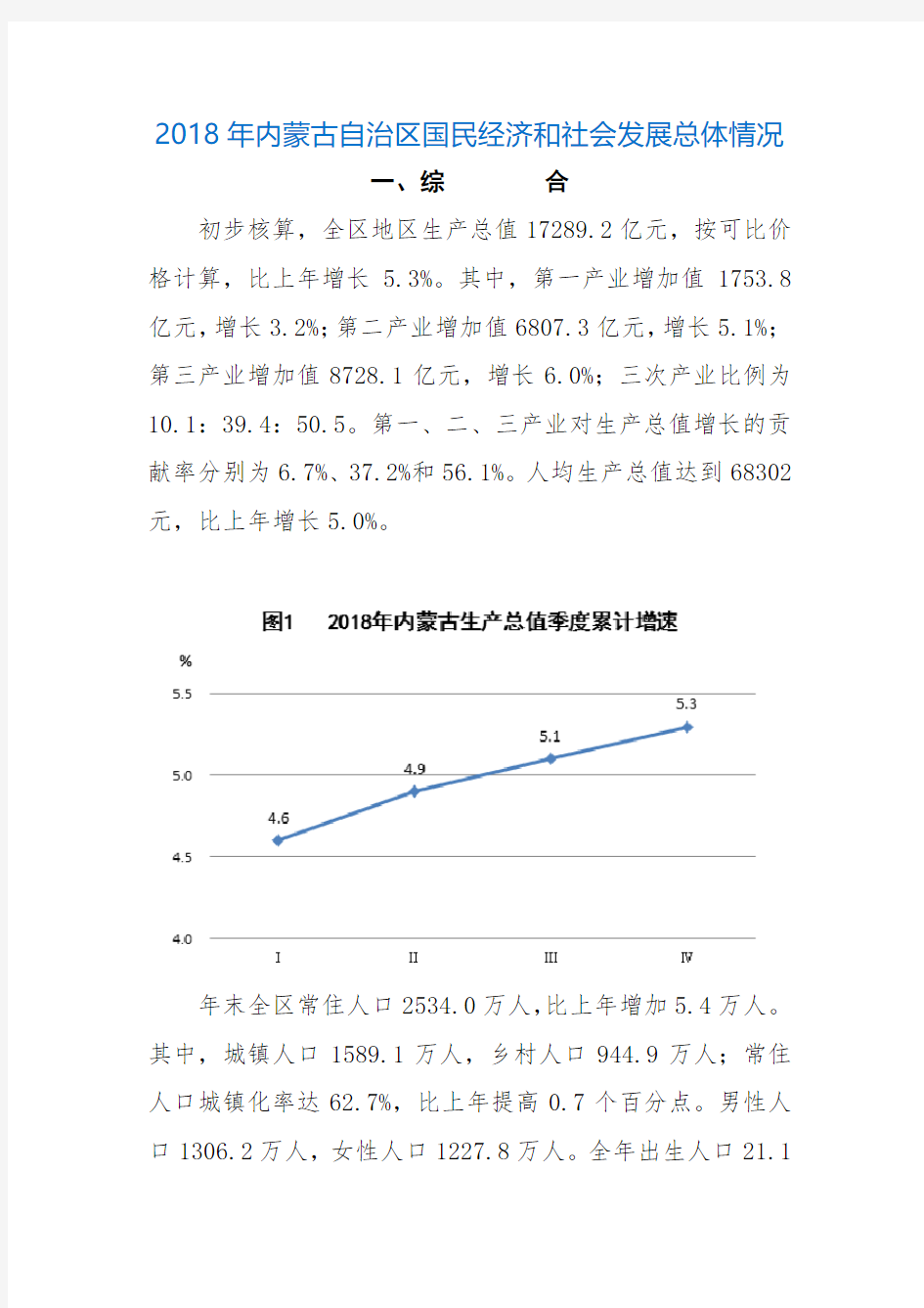 2018年内蒙古自治区国民经济和社会发展总体情况