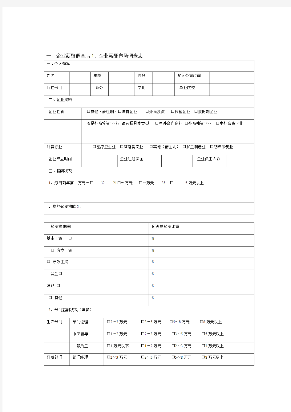 企业薪酬市场调查表