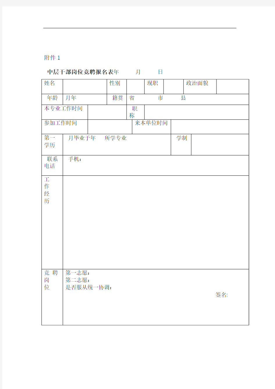 中层干部岗位竞聘报名表评分表和评分标准