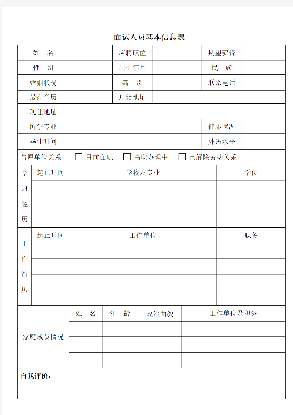 面试人员基本信息表