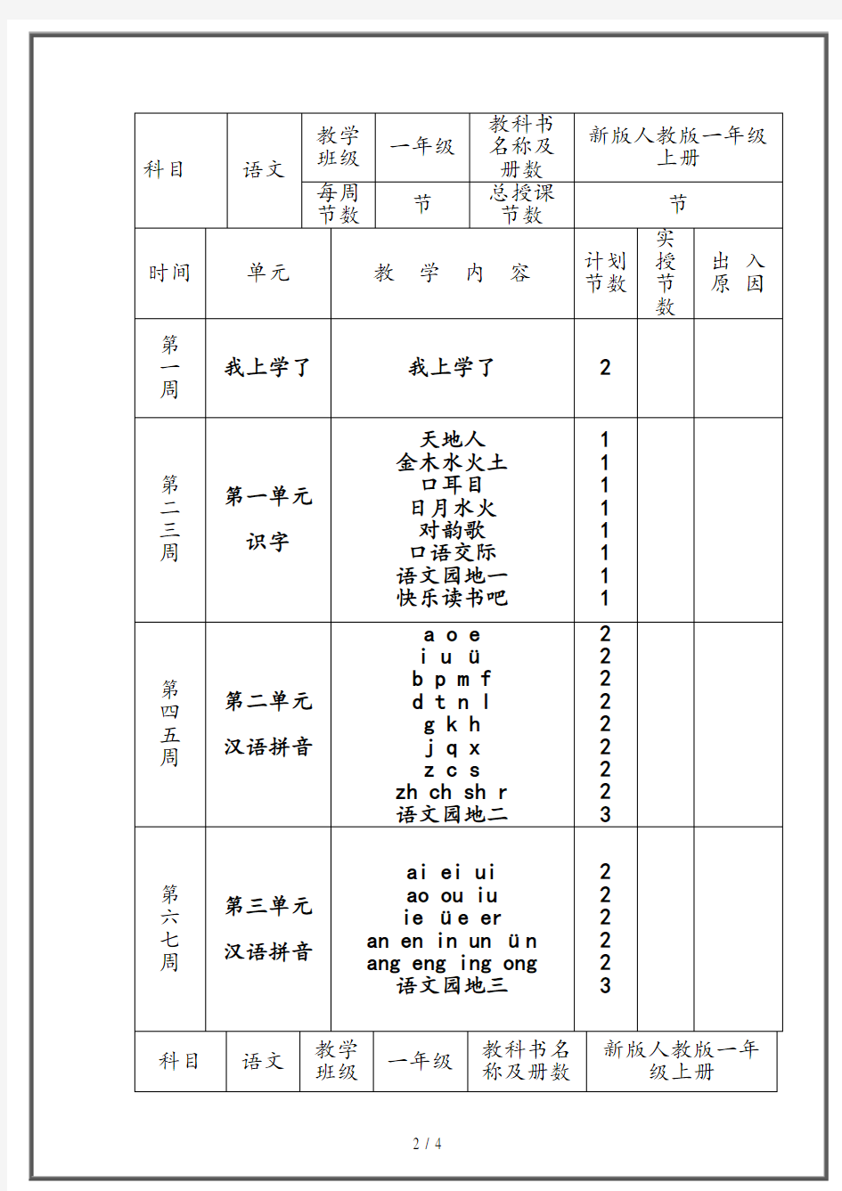 2020最新学年度第 一 学期教学进度表