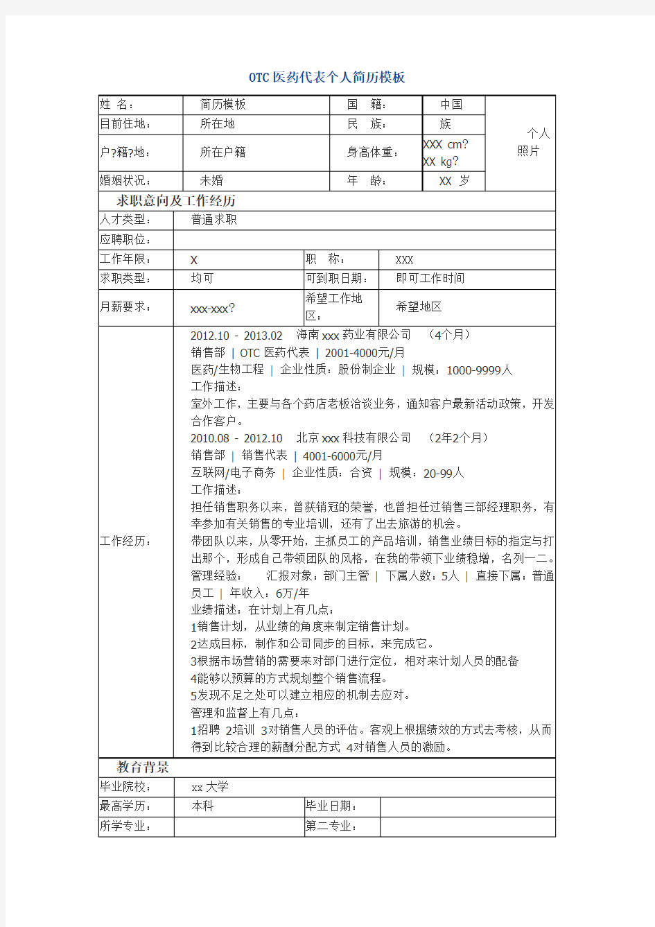 OTC医药代表个人简历模板