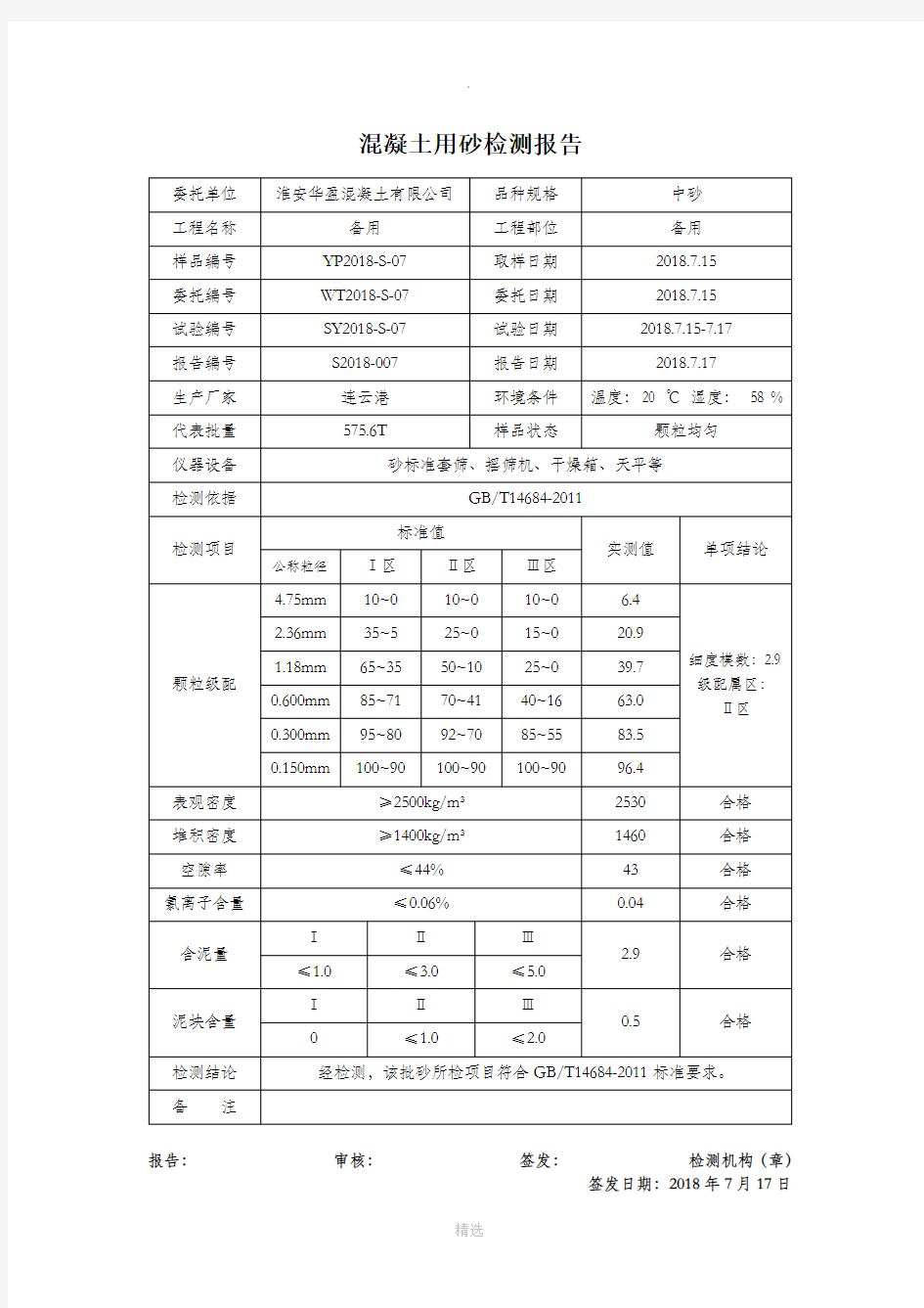 砂检测报告