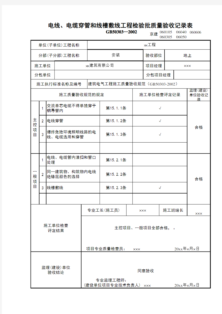 电线、电缆穿管和线槽敷线工程检验批3-资料员施工试验表格填写范例工程质量验收记录检验批资料