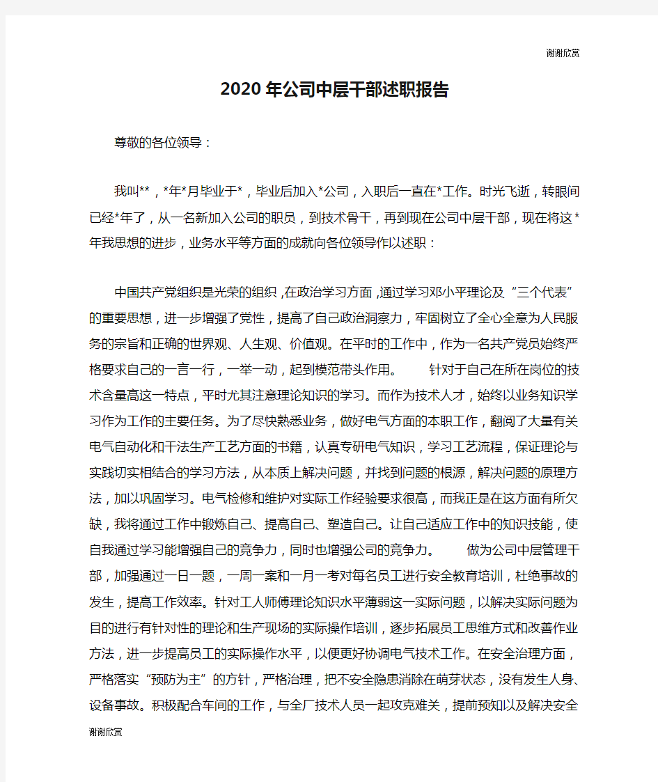 2020年公司中层干部述职报告.doc