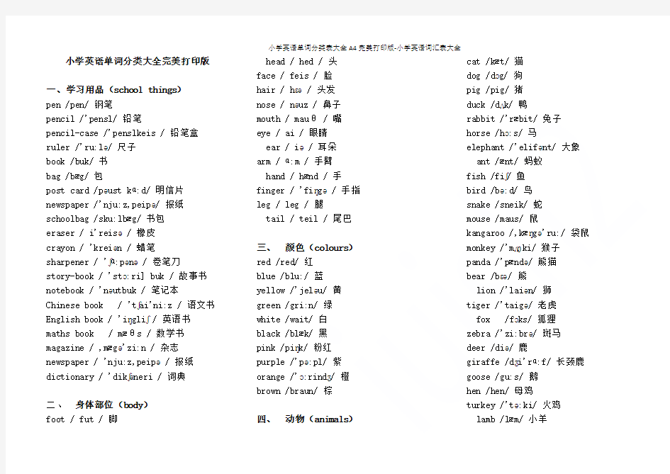 小学英语单词分类表大全A4完美打印版-小学英语词汇表大全