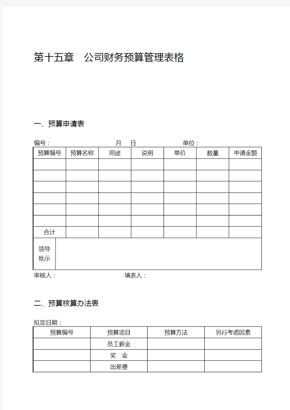 公司财务预算管理表格模板