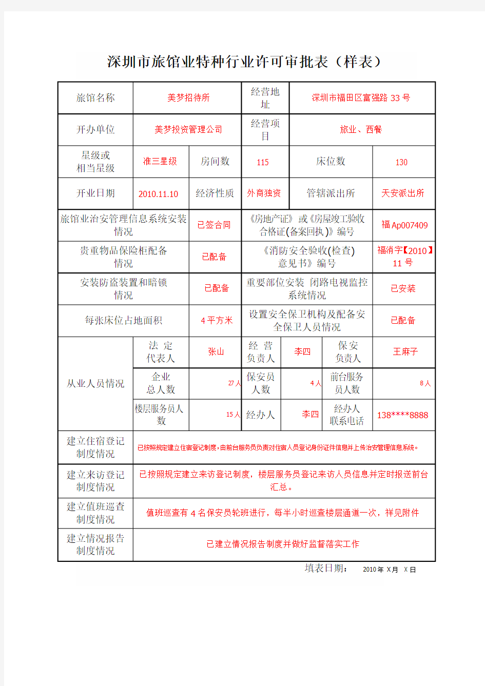 深圳市旅馆业特种行业许可审批表(样表)