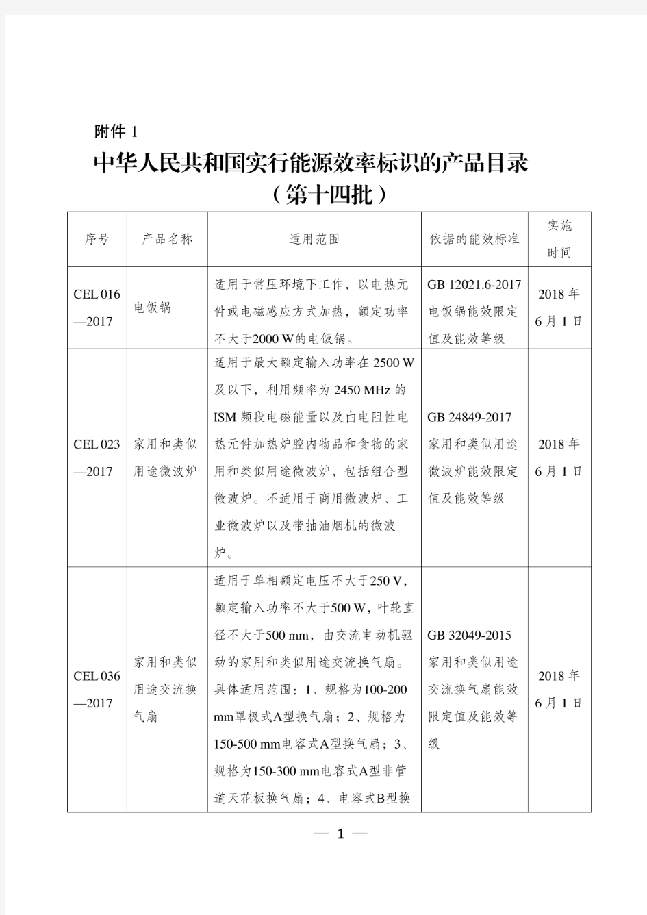 中华人民共和国实行能源效率标识的产品目录(第十四批)
