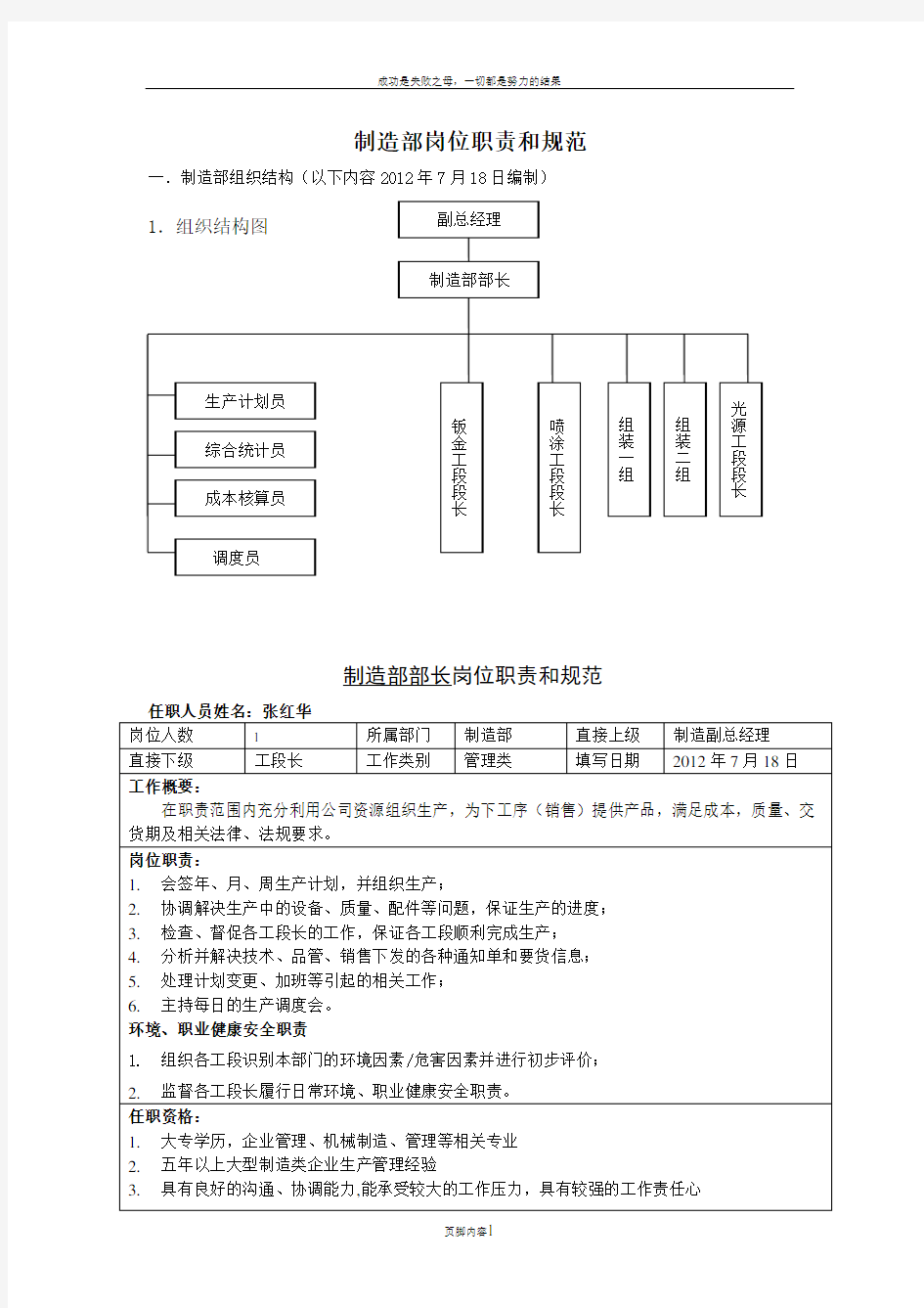 制造部组织架构图及岗位职责