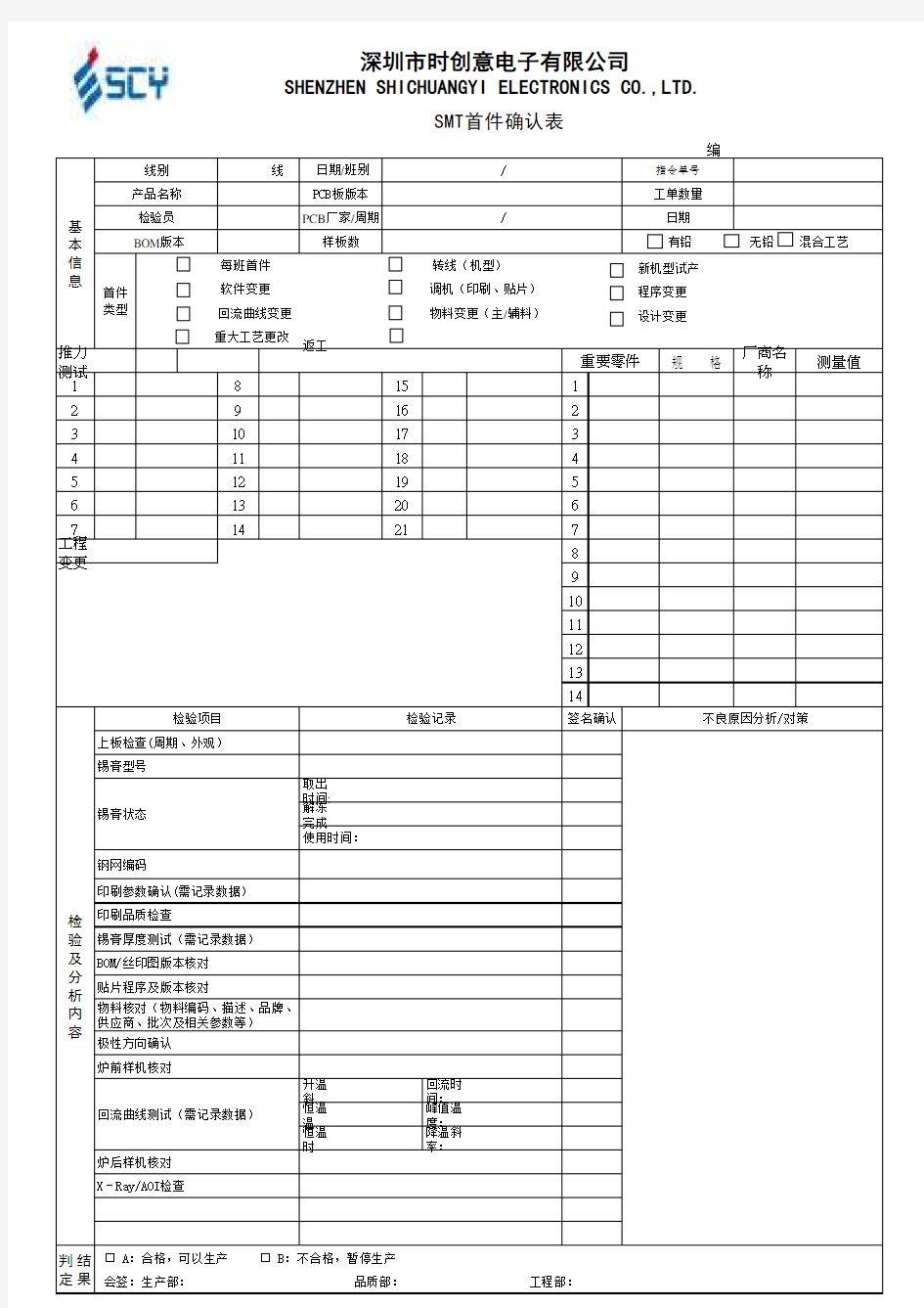 SMT首件检验报表