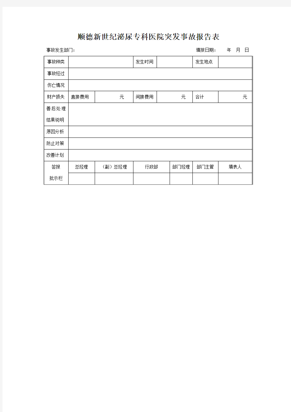 顺德新世纪泌尿专科医院突发事故报告表