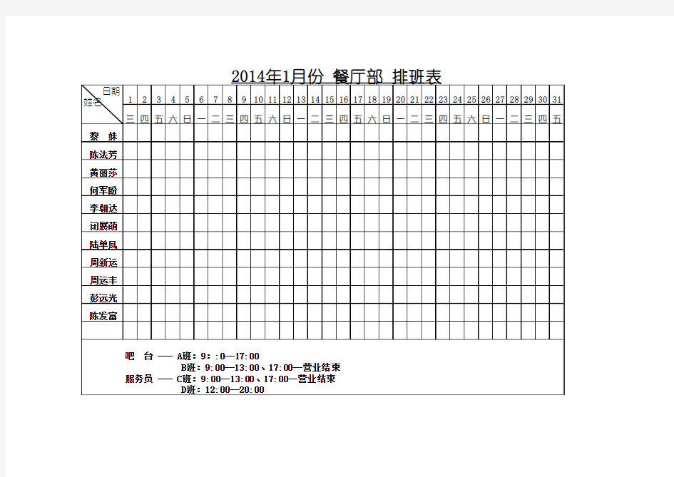 餐厅部排班表