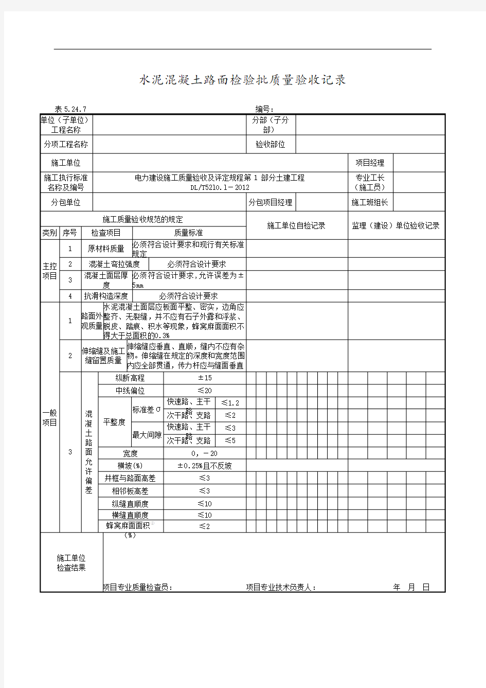 水泥混凝土路面检验批质量验收记录