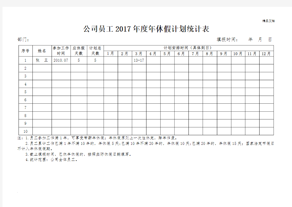 公司员工休假计划统计表