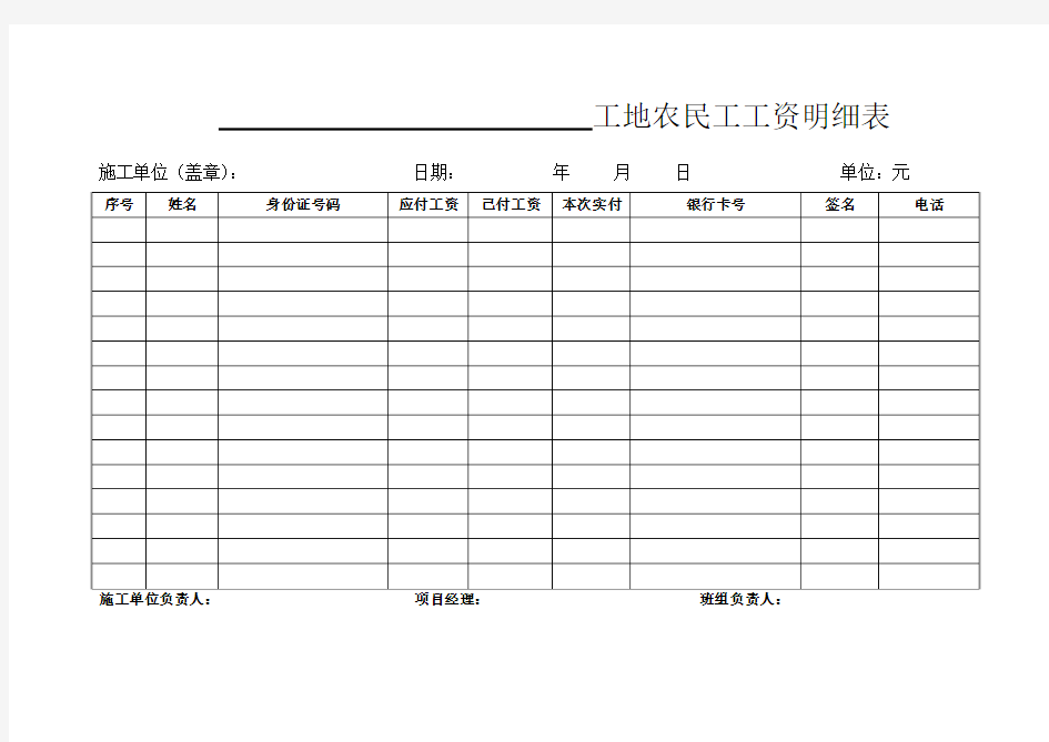 工地农民工工资明细表