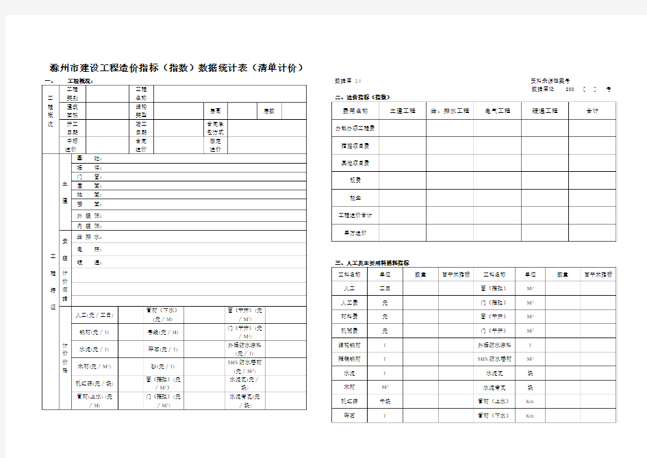 滁州市建设工程造价指标(指数)数据统计表(清单计价)